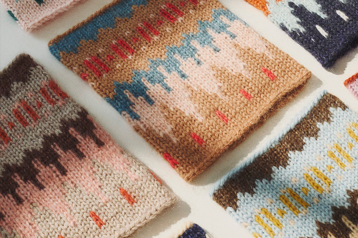 Dorthea Collection swatches showing how color dominance shapes stranded motifs, with Copenhagen Fibers yarns in different color combinations.