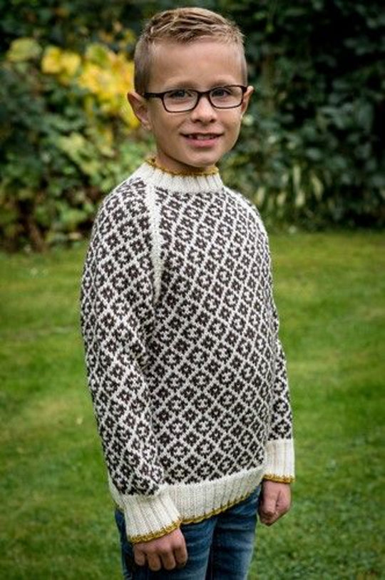 128-6 - Mønstersweater med kontrastkant